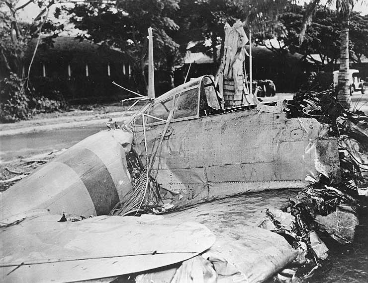 Wreckage of a Zero fighter after Pearl Harbor attack, Fort Kamehameha, Honolulu, US Territory of Hawaii, 7 Dec 1941