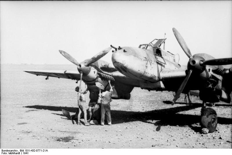 German Bf 110 fighter at rest at an airfield in Greece, 1941