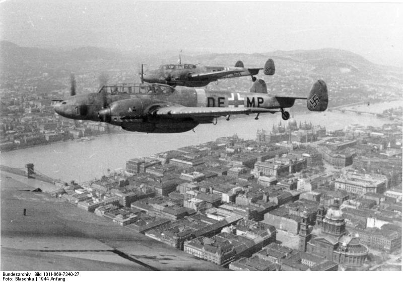 Bf 110 aircraft in flight over Budapest, Hungary, early 1944