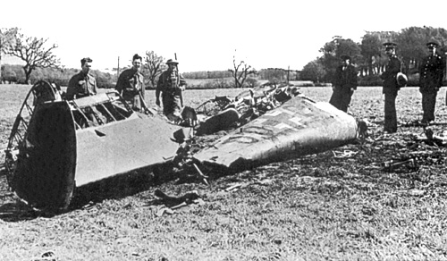 The wreckage of Rudolf Heß's Bf 110 D aircraft, Bonnyton Moor, Scotland, United Kingdom, 10 May 1941