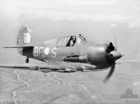 Boomerang fighter 'Sinbad II' of No. 5 Squadron Royal Australian Air Force in flight over Mareeba, Queensland, Australia, 15 Mar 1944; pilot was Lieutenant A. W. B. Clare