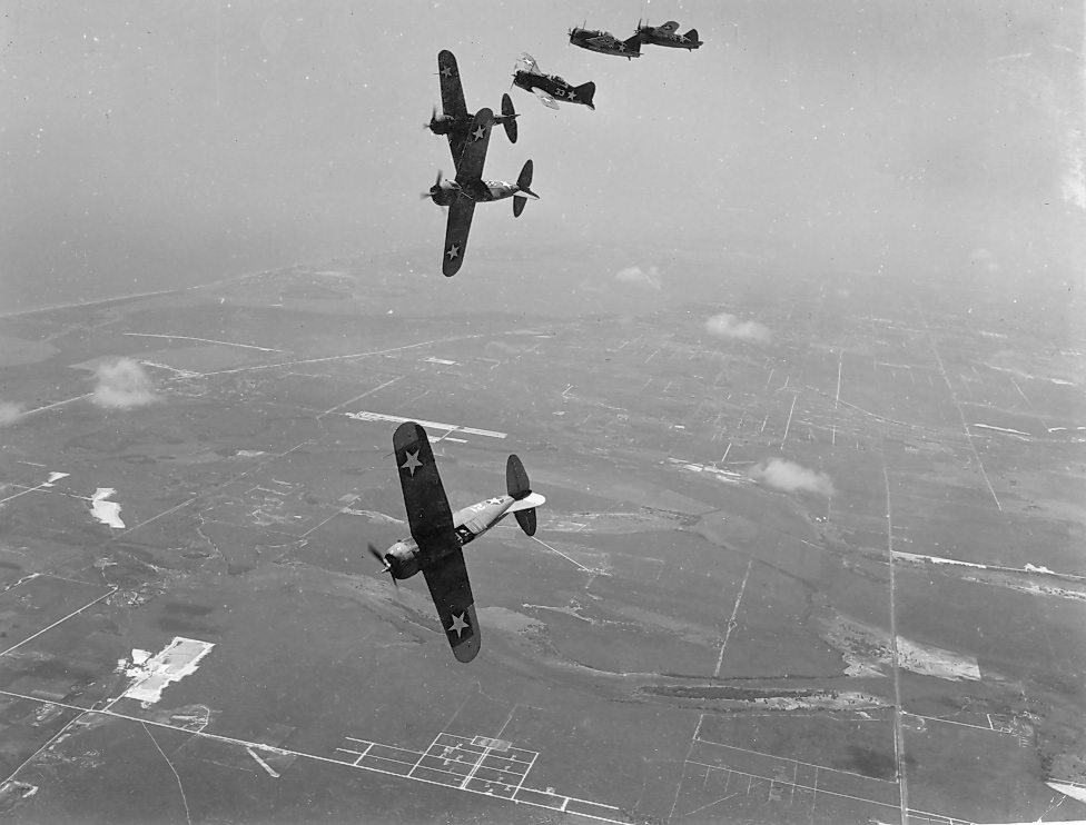 F2A-3 Buffalo fighters during a training flight near Naval Air Station Miami, Florida, United States, 1942-1943