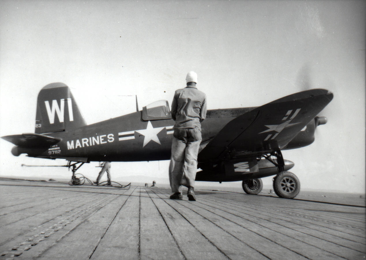 F4U-4 Corsair fighter of US Marine Corps squadron VMF-225 aboard USS Cabot, circa late 1940s