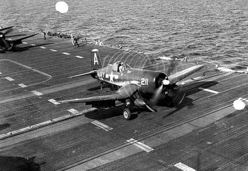 Corsair fighter prepared to take off from USS Boxer, off Korea, 6 Jul 1951