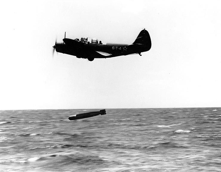 TBD-1 Devastator aircraft 6-T-4 of Torpedo Squadron 6 dropped a Mark XIII torpedo during exercises in the Pacific, 20 Oct 1941