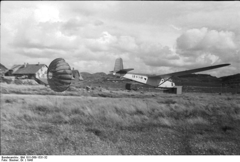 German DFS 230 glider landing, Italy, 1943, photo 1 of 2; note use of parachute to decelerate