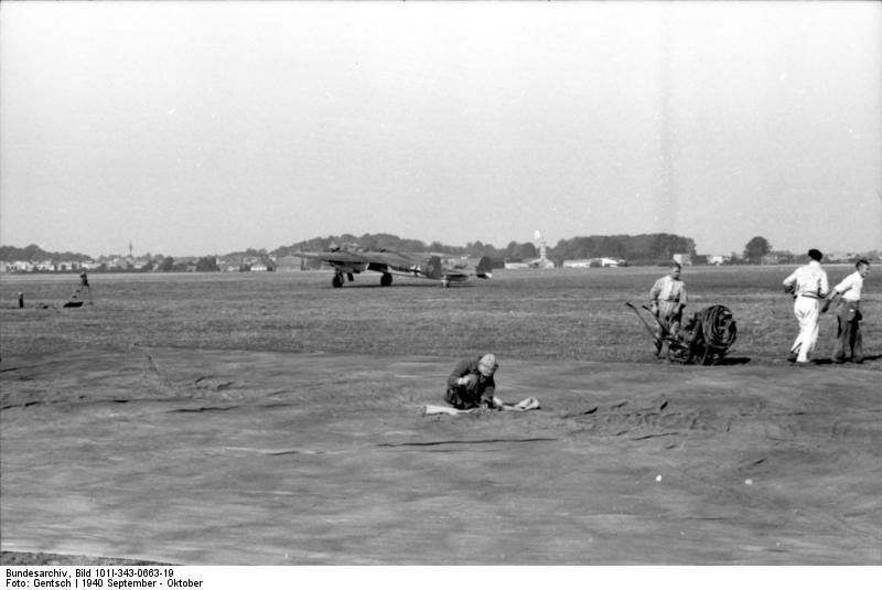 View of a German airfield in France or Belgium, Sep-Oct 1940; note Do 17 bomber on the field