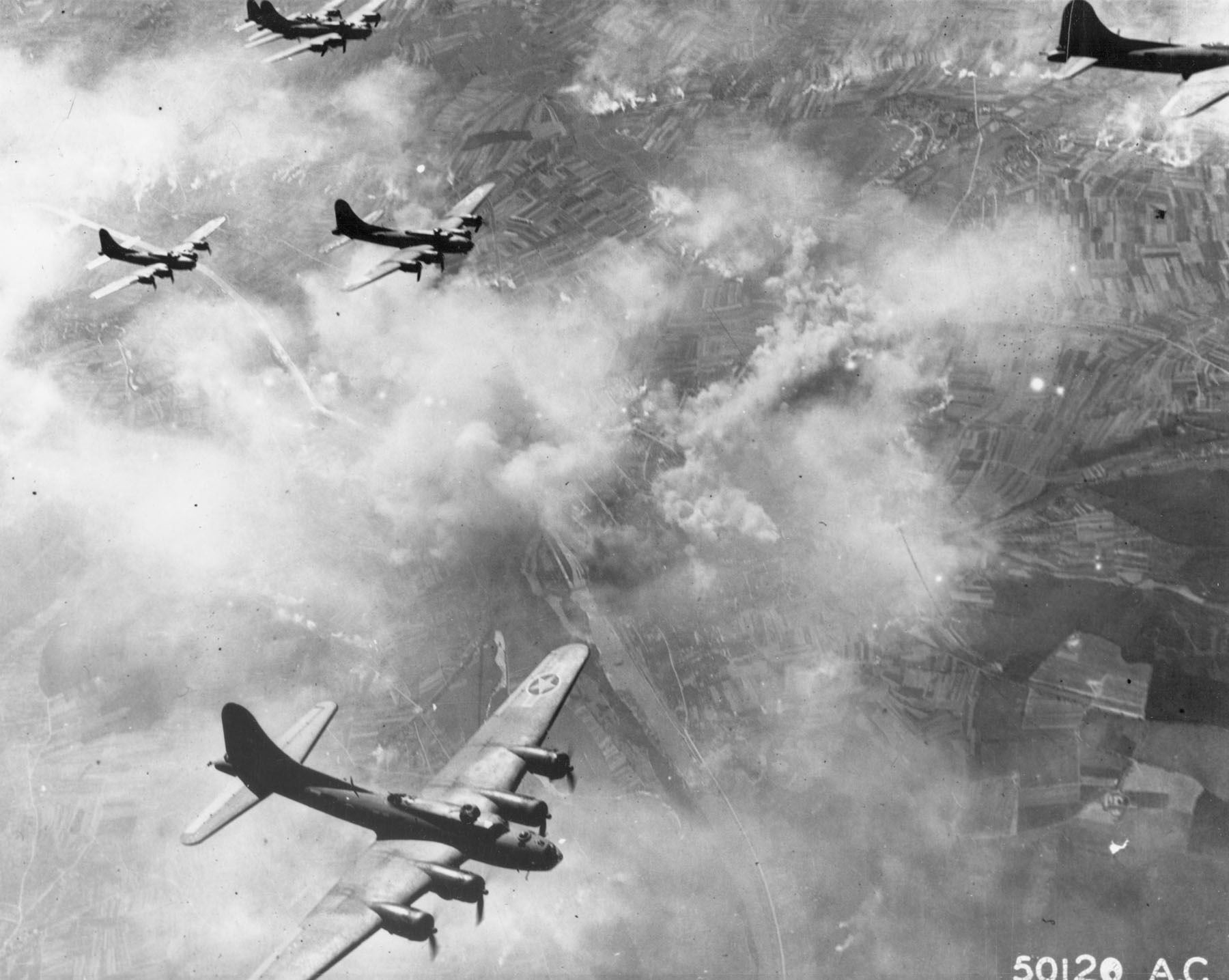 B-17F Flying Fortress bombers in flight over Schweinfurt, Germany, 17 Aug 1943
