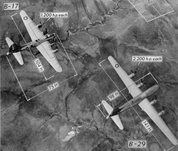 Official Boeing photograph comparing the B-17 Flying Fortress bomber and its successor B-29 Superfortress bomber, circa late 1944