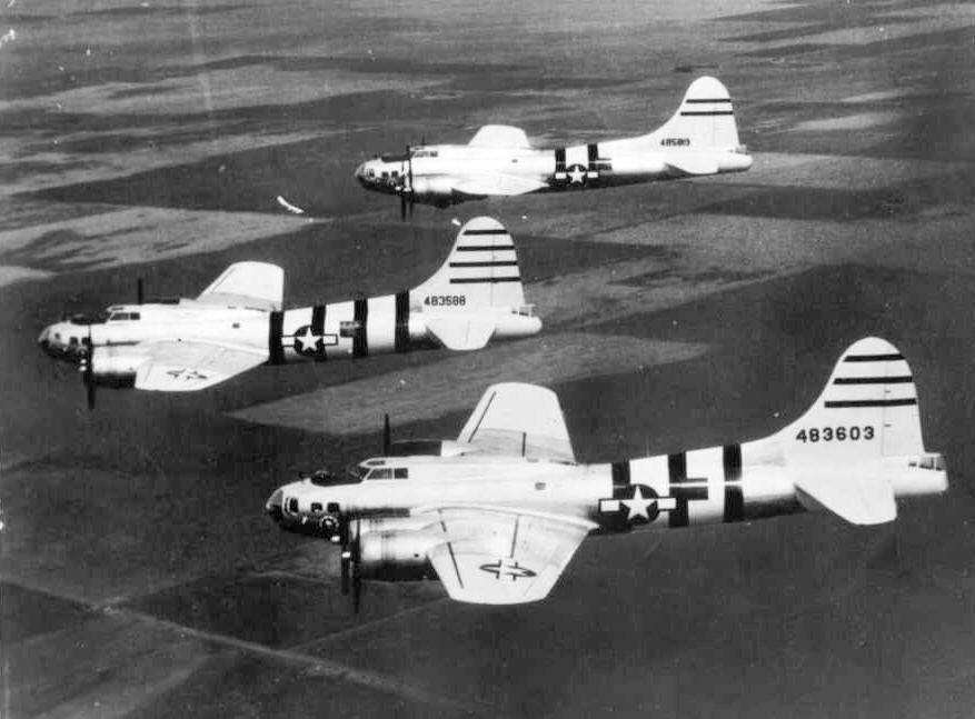 Three radio-controlled B-17G-90-DL Flying Fortress drone aircraft in flight, probably out of Eglin Field, Florida, United States, 6 Aug 1946