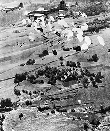 USAAF B-17 Flying Fortress bombers dropping supplies for French resistance fighters, Vercors, France, 1944