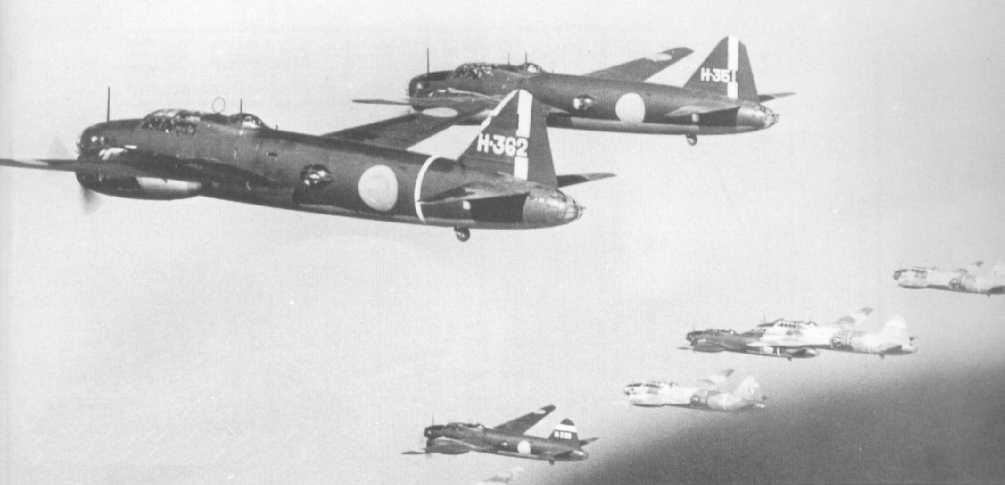 G4M bombers of Mizawa Kaigun Kokutai of the Japanese Navy in flight, date unknown