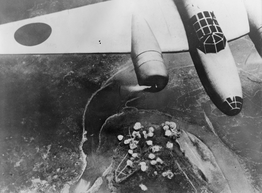 Japanese Ki-21 bomber dropping bombs on Chongqing, China, China, 14 Sep 1940; note Yangtze River
