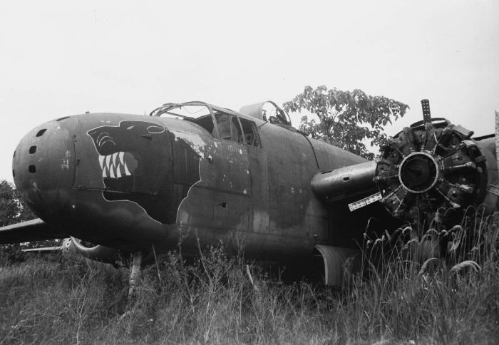Abandoned B-25J bomber of 822nd Bomb Squadron of 38th Bomb Group of US 5th Air Force, 25 Jan 1949