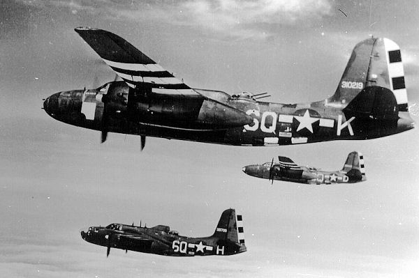 A-20 Havoc bombers of US 410th Bomb Group based at RAF Gosfield, England, United Kingdom, circa late 1944