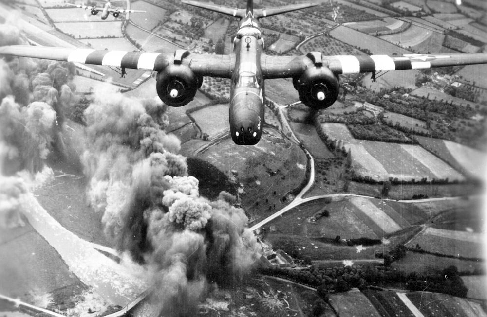 A-20 Havoc bombers of US 416th Bomb Group attacking German road networks in Normandy, France, 6 Jun 1944