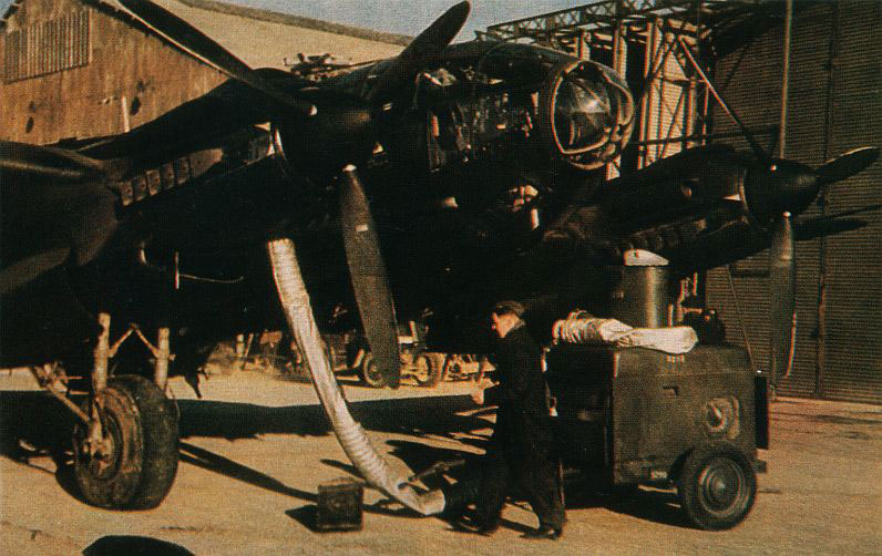 Warming up a He 111 bomber's engine, date unknown