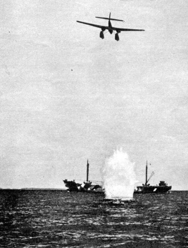 German He 115 aircraft dropping a torpedo on an unidentified merchant ship in the English Channel, 1940