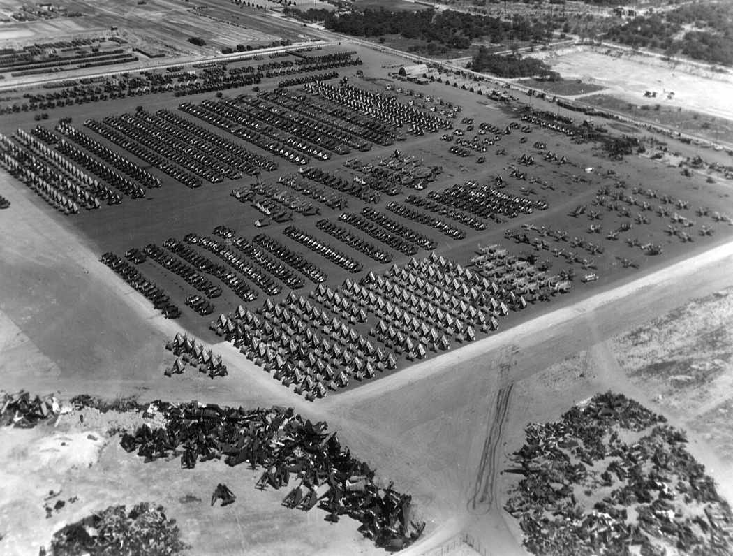 Surplus US carrier aircraft stored for demobilization and prepared for scrapping, Iroquois Point, Oahu, Hawaii, Oct 1945