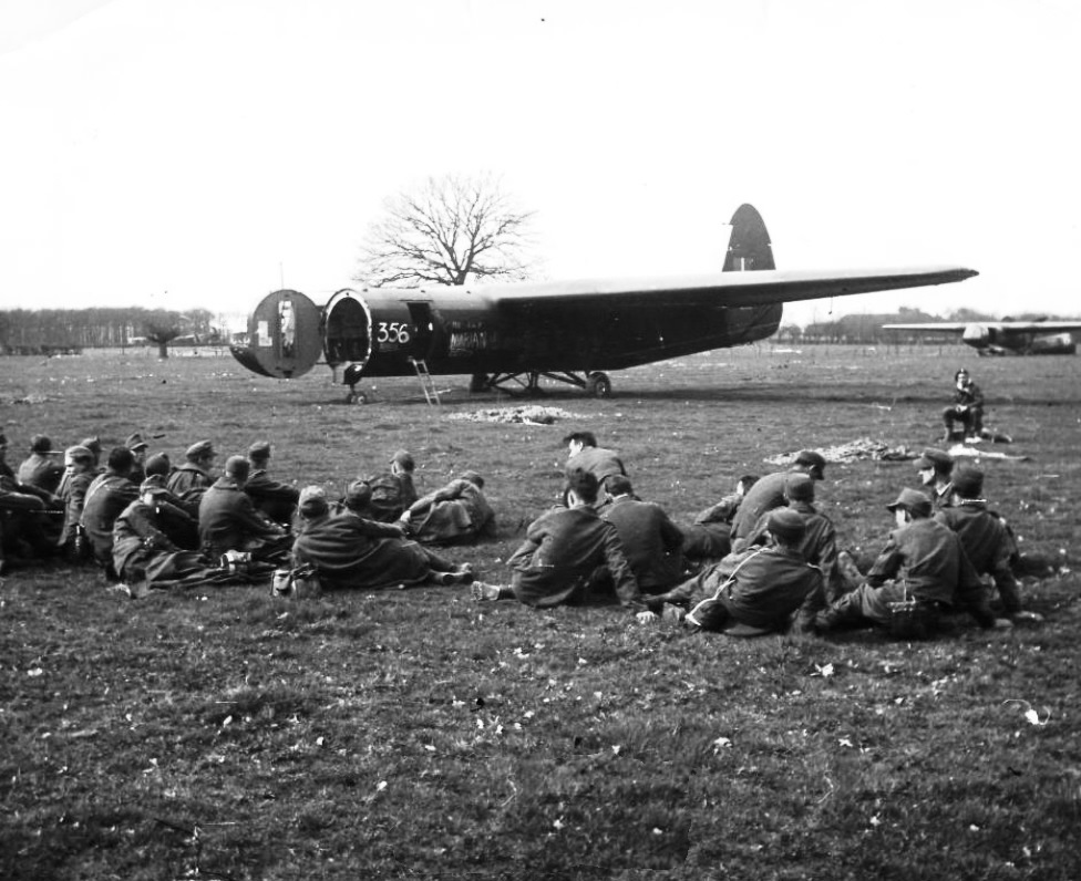 British Horsa Mk II glider after landing, date unknown; note troops in foreground appeared to be German prisoners
