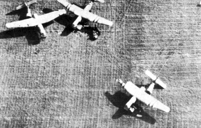 Horsa gliders on the ground near Arnhem, the Netherlands during Operation Market Garden, Sep 1944, photo 1 of 2; note tail sections removed for quick exit of troops