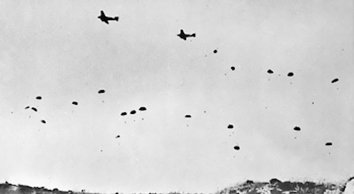 German paratroops jumping from Ju 52 transports over Crete, Greece, 20 May 1941