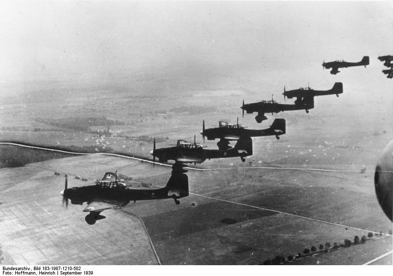 A formation of German Ju 87 Stuka dive bombers over Poland, Sep 1939