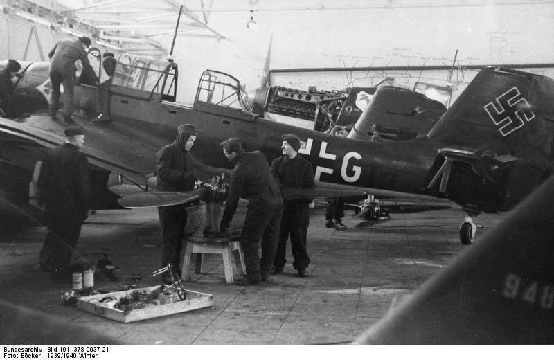 Ju 87 Stuka aircraft being serviced, Germany, winter of 1939-1940, photo 1 of 2
