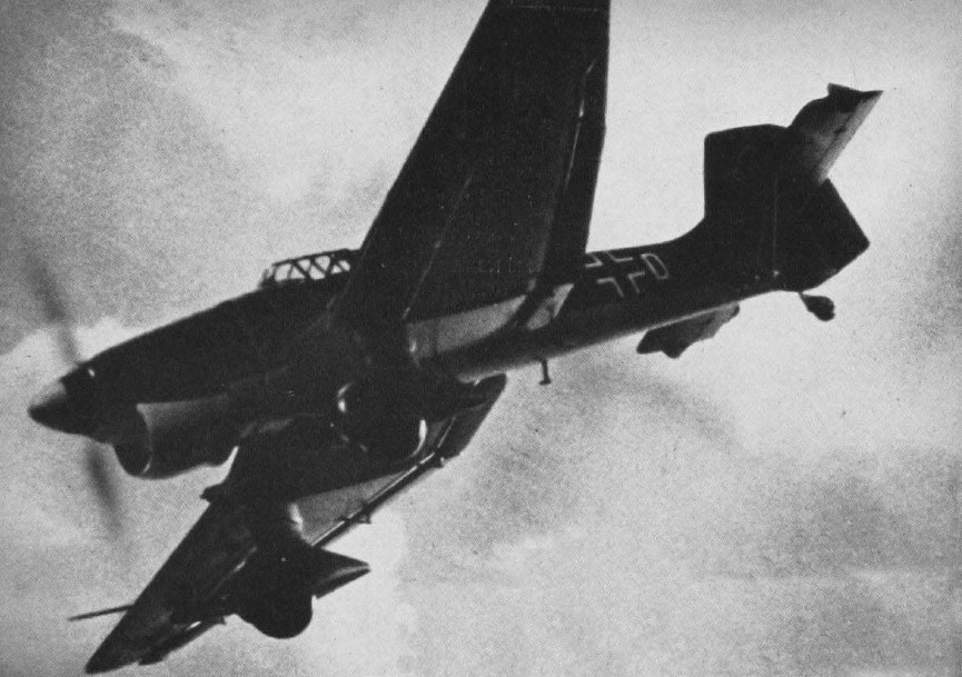 German Ju 87B Stuka dive bomber in flight, circa 1940; as seen in publication US Navy Naval Aviation News dated 1 Sep 1943