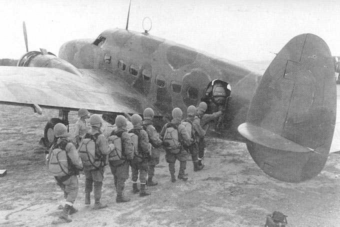 Japanese paratroopers boarding a Ki-56 transport aircraft, circa 1940s