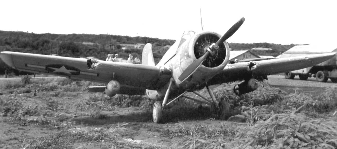 US Navy Scouting Squadron 44 Lt. (jg) J. M. Stubblebine's OS2U Kingfisher aircraft, showing wing damage after he hit Hato Field's fence after failed takeoff, Curaçao, Dutch West Indies, 13 Nov 1943
