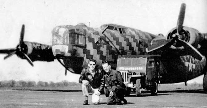 B-24J bomber, the brightly painted lead assembly ship of the 389th Bomber Group, US 567th Bomber Squadron, RAF Hethel, Norfolk, England, United Kingdom, Feb-Nov 1944