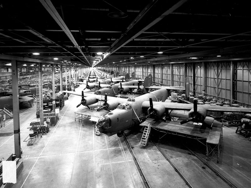 B-24 bombers under construction at Ford Motor Company's Willow Run Factory, circa 1941-1945