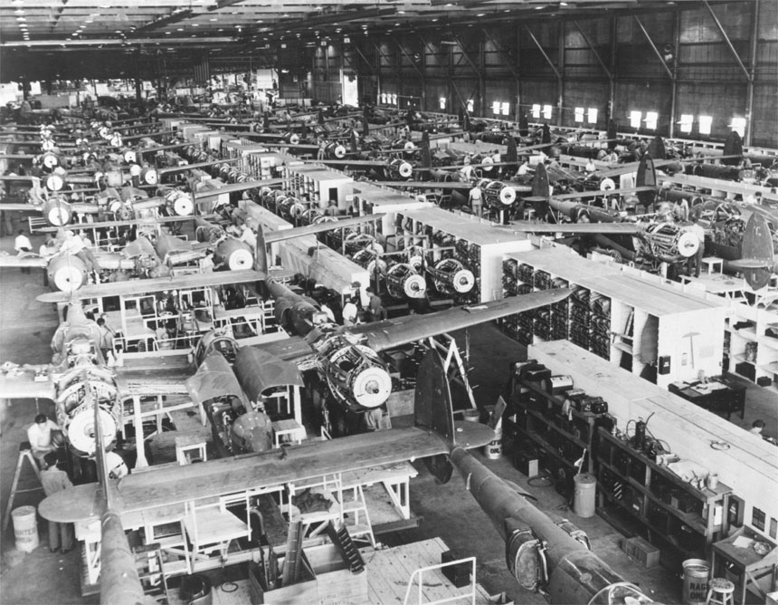 P-38 Lightning aircraft being built at the Lockheed factory in Burbank, California, United States, date unknown