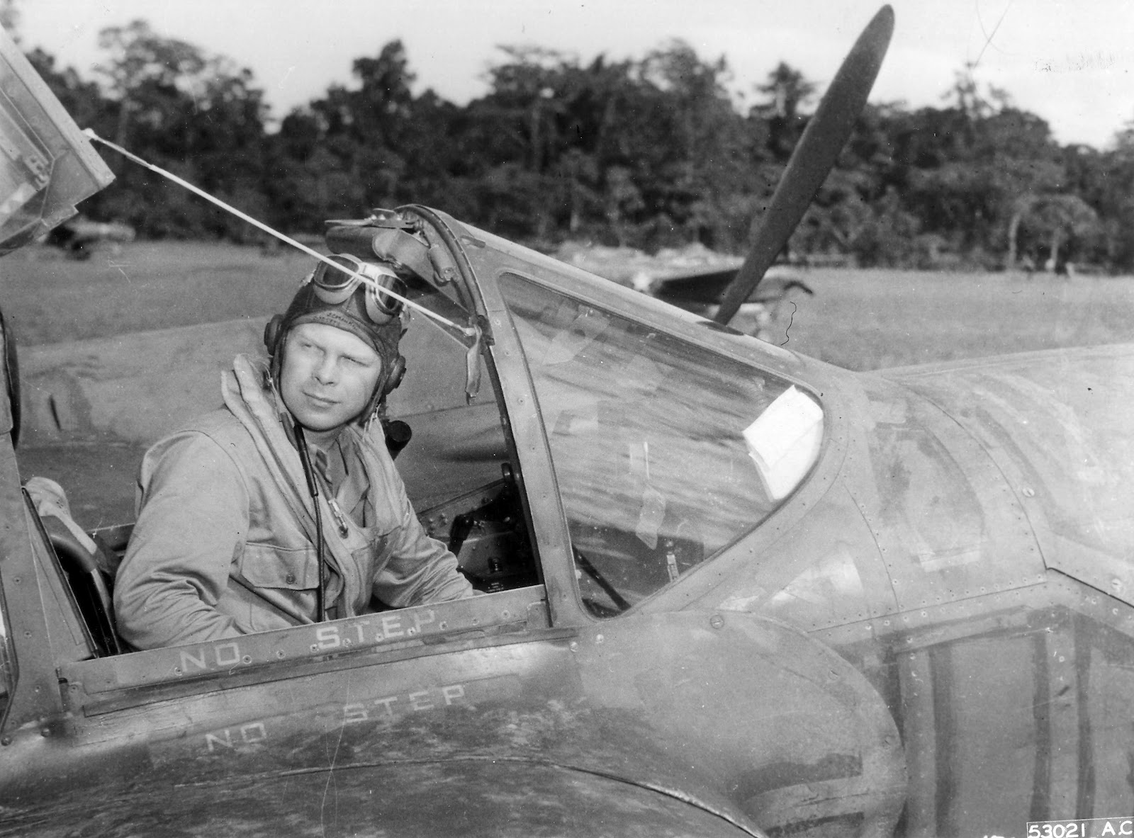 USAAF Major Richard Bong in his P-38 Lightning aircraft 'Marge', Dobodura, New Guinea, date unknown, photo 1 of 2