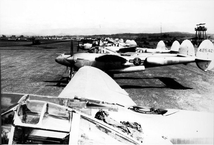 P-38 Lightning aircraft of 36th Fighter Squadron of US 8th Fighter Group, Mindoro, Philippine Islands, 1944