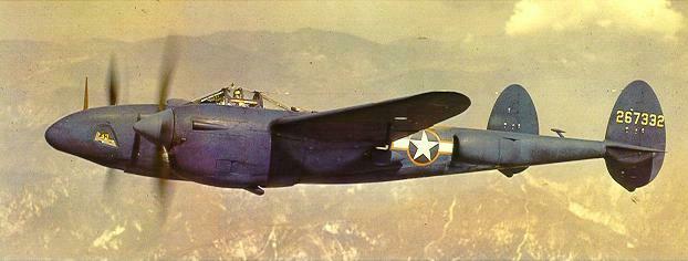 F-5B-1-LO Lightning aircraft (photo reconnaissance variant of the P-38J) painted PRU blue  in flight, 1943; photo 1 of 2.