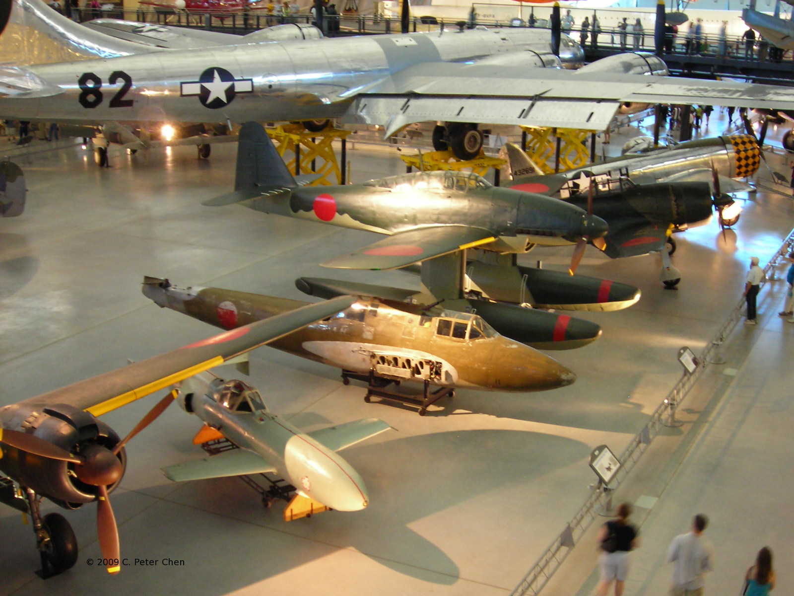 Ohka 22, Ki-45 Toryu (fuselage only), M6A1 Seiran, N1K2 Shiden, P-47D Thunderbolt on display at the Smithsonian Air and Space Museum Udvar-Hazy Center, Chantilly, Virginia, United States, 26 Apr 2009