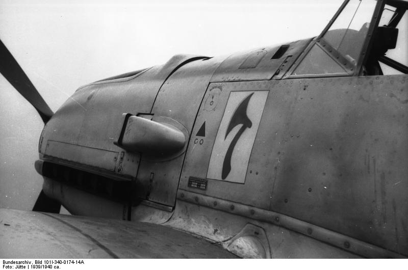 Close-up view of the forward port side of a Bf 109 fighter, 1939-1940