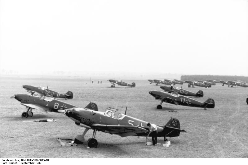 German Bf 109B fighters on an airfield, Poland, Sep 1939