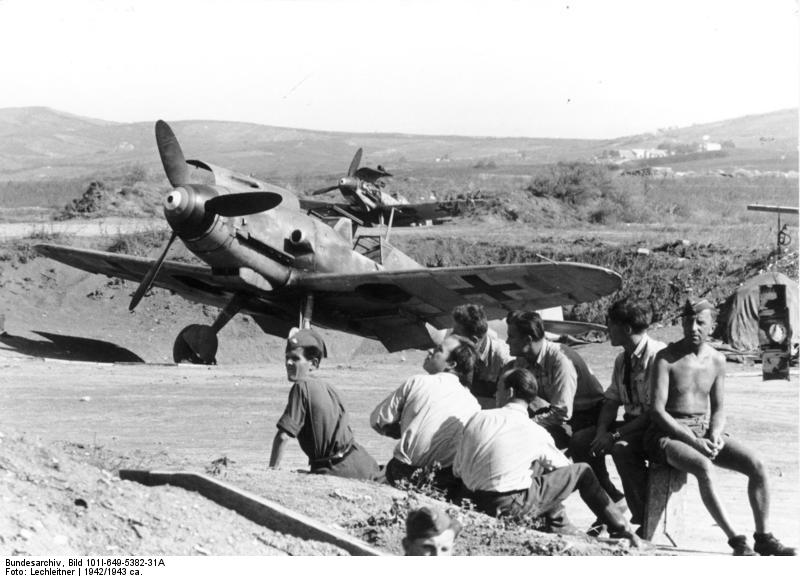 German Bf 109G-3 fighters at rest on an airfield, possibly in Italy, circa 1942-1943
