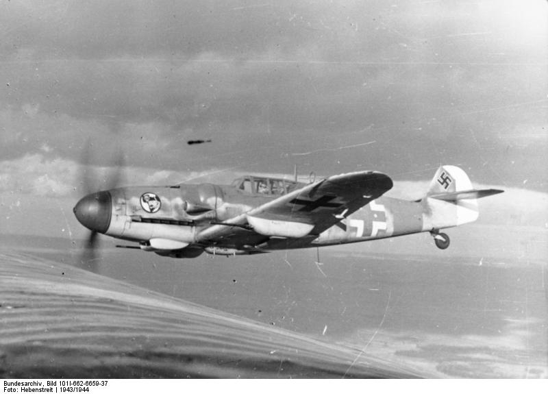 German Bf 109G-6 fighter of JG 27 in flight, 1943-1944