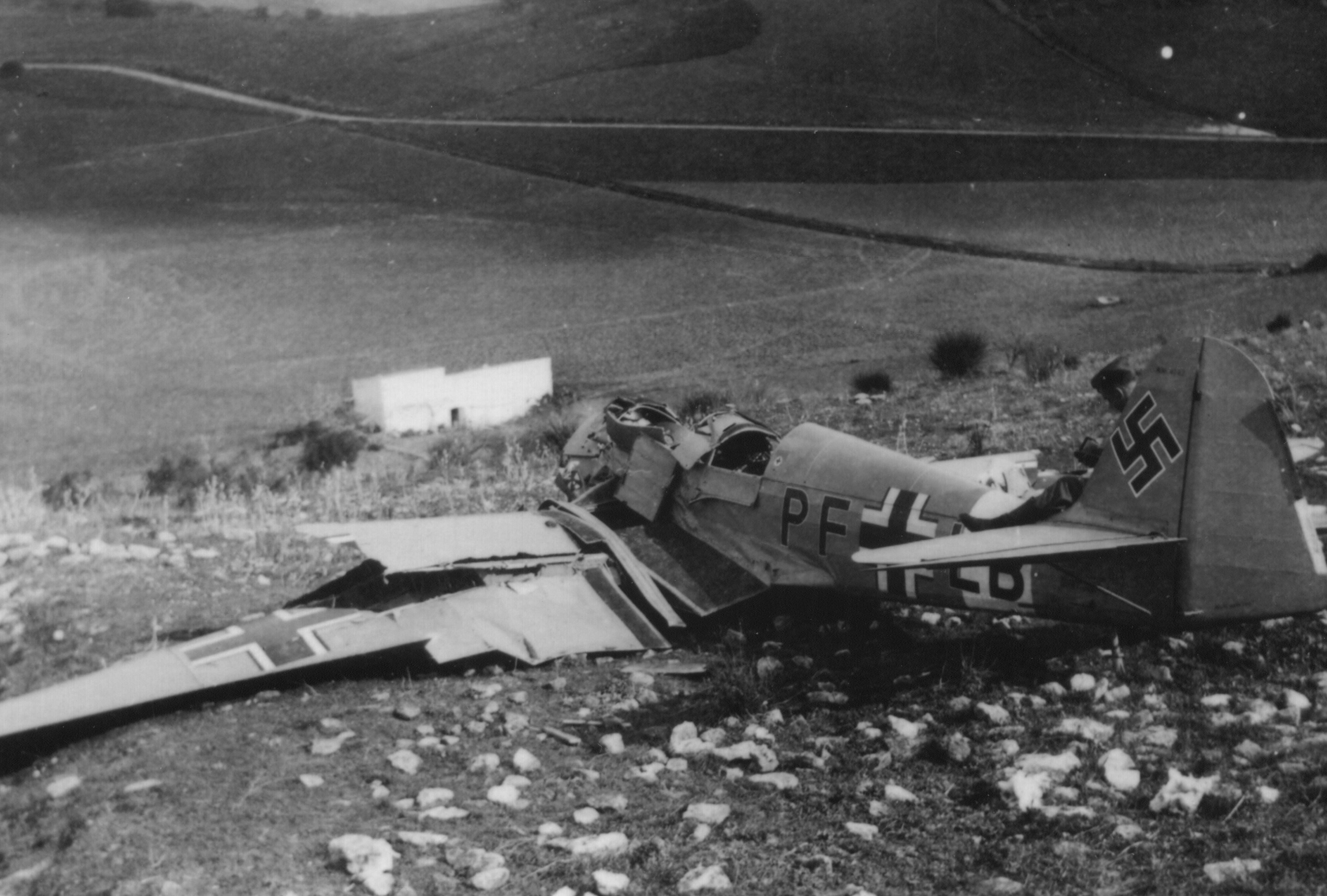 Crashed German Bf 109 fighter, Italy, circa 1940