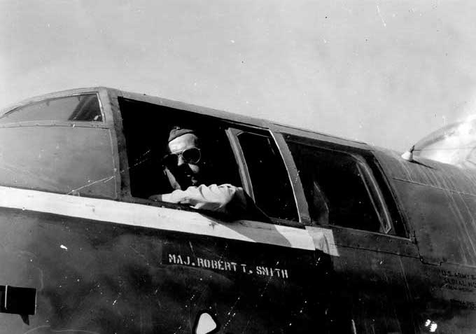 US pilot Major Robert T. Smith in the cockpit of his B-25H Mitchell bomber in Burma or China, date unknown
