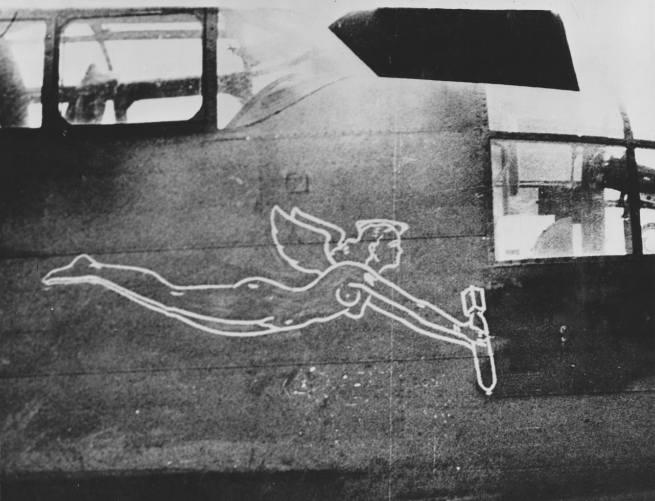 Nose art of B-25B Mitchell bomber 'Hari Carrier' as she sat on the flight deck of the carrier Hornet days before embarking on the Doolittle Raid, Apr 1942, photo 1 of 2