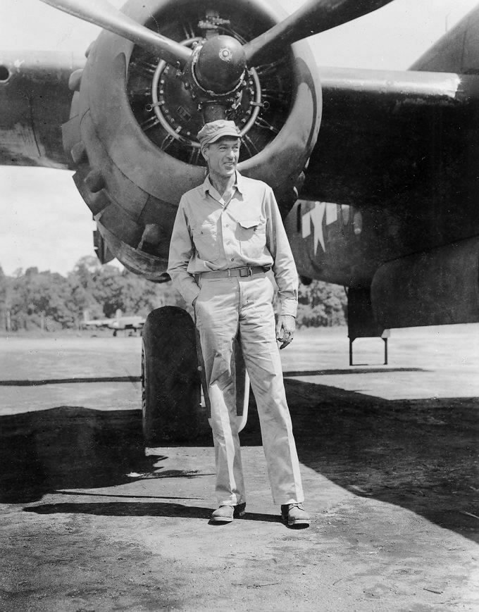 Actor Gary Cooper with a B-25 Mitchell bomber, Dobodura Airfield, Australian Papua, mid-1943