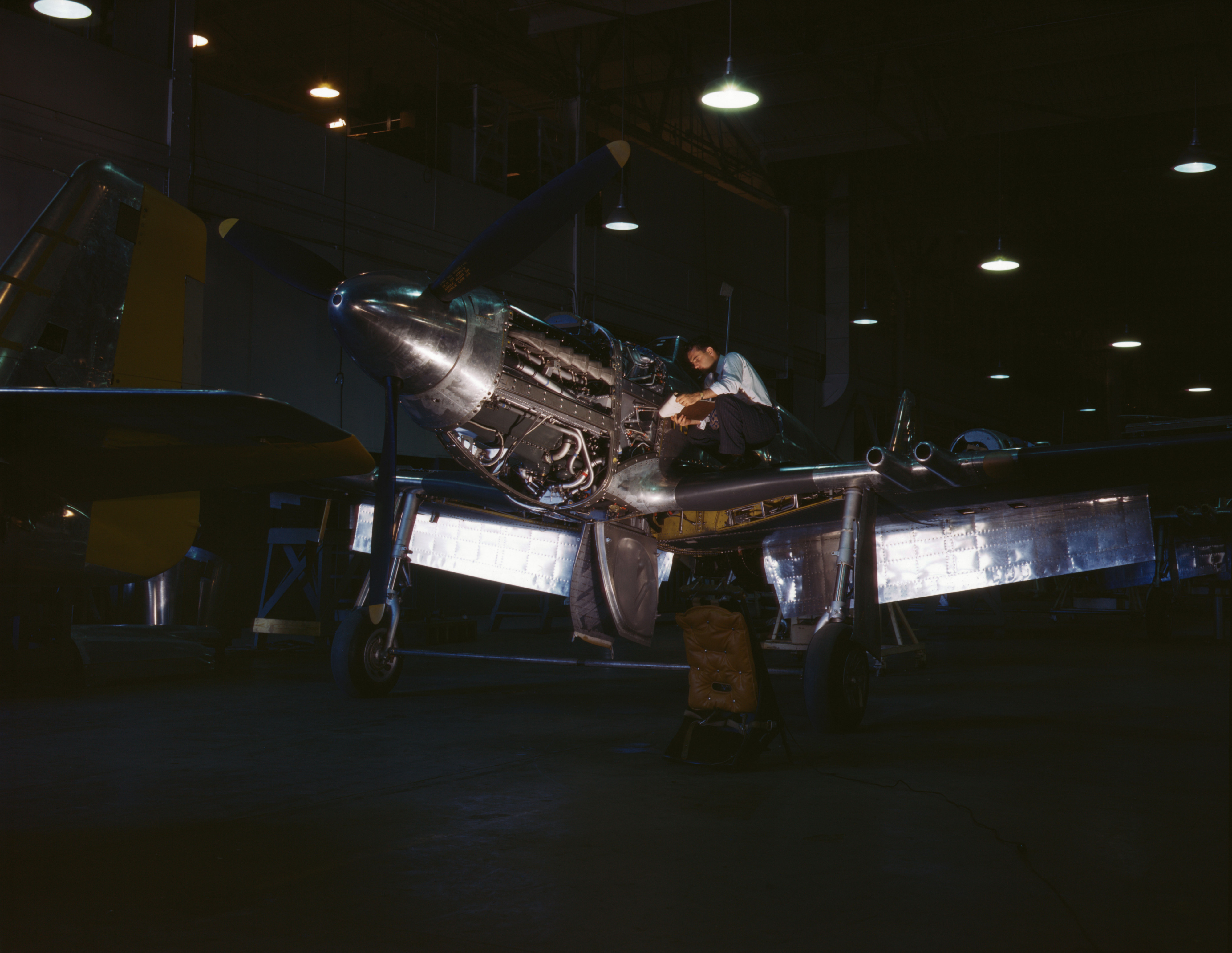 P-51 Mustang fighter under construction, North American Aviation plant, Los Angeles, California, United States, circa 1942