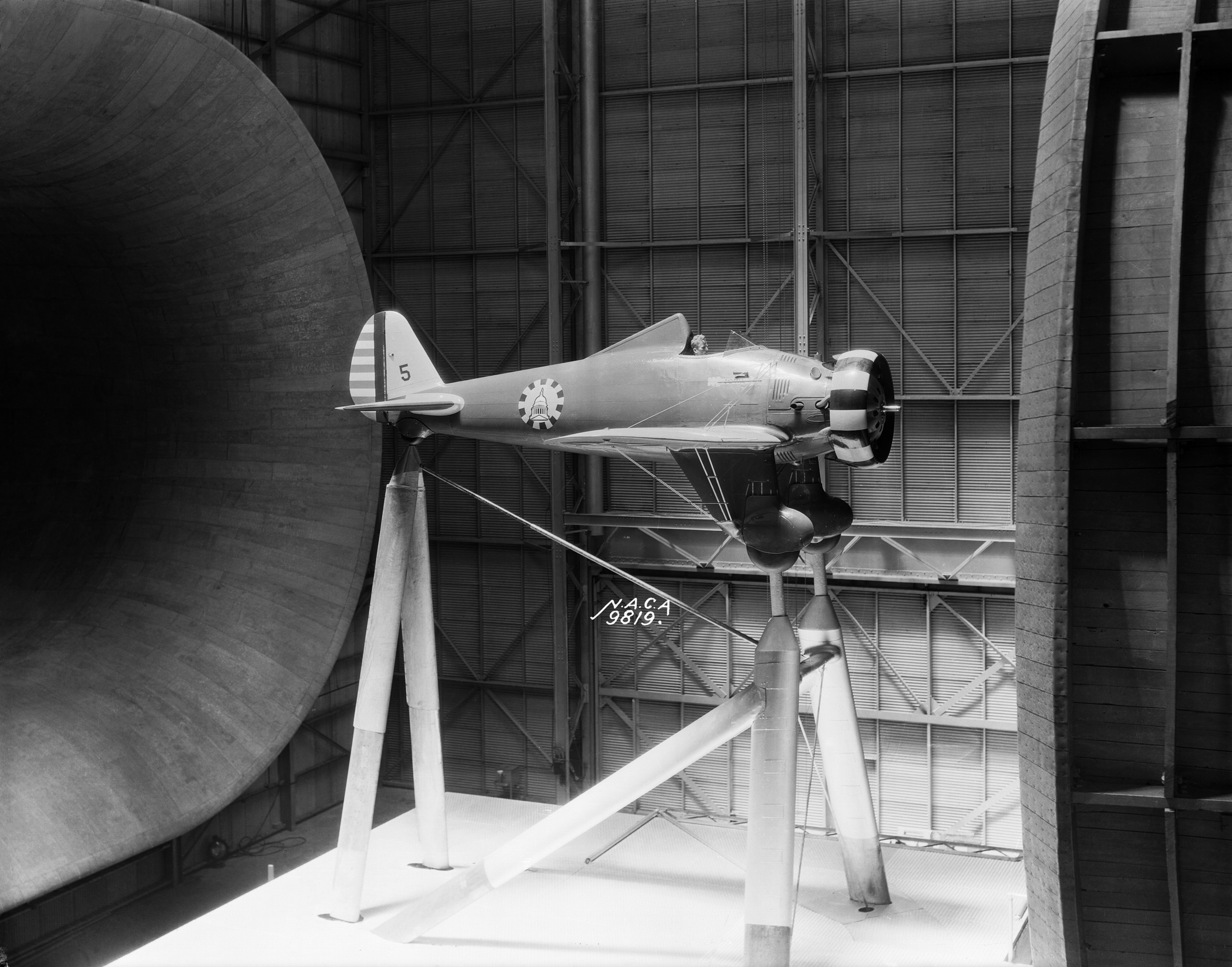 P-26A Peashooter fighter in a 30x60 full scale tunnel at a Boeing facility in California, United States, 29 May 1934