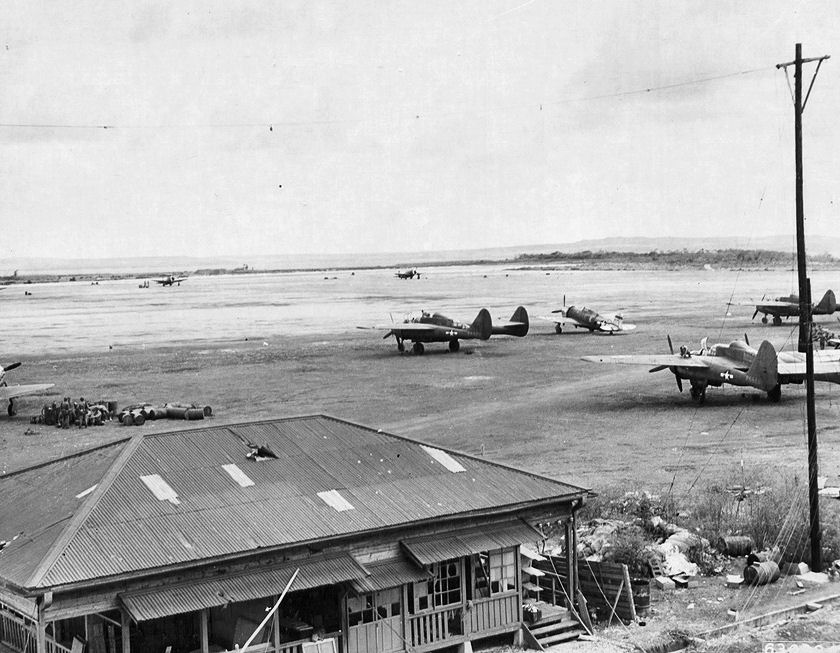 P-61 Black Widow and P-47 Thunderbolt aircraft at Kagman Airfield, Saipan, Mariana Islands, 24 Jun 1945