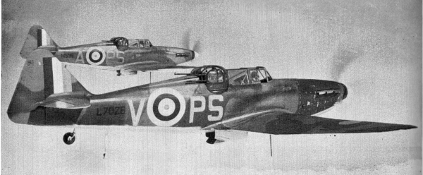 P.82 Defiant turret fighters of No. 264 Squadron RAF in flight, date unknown